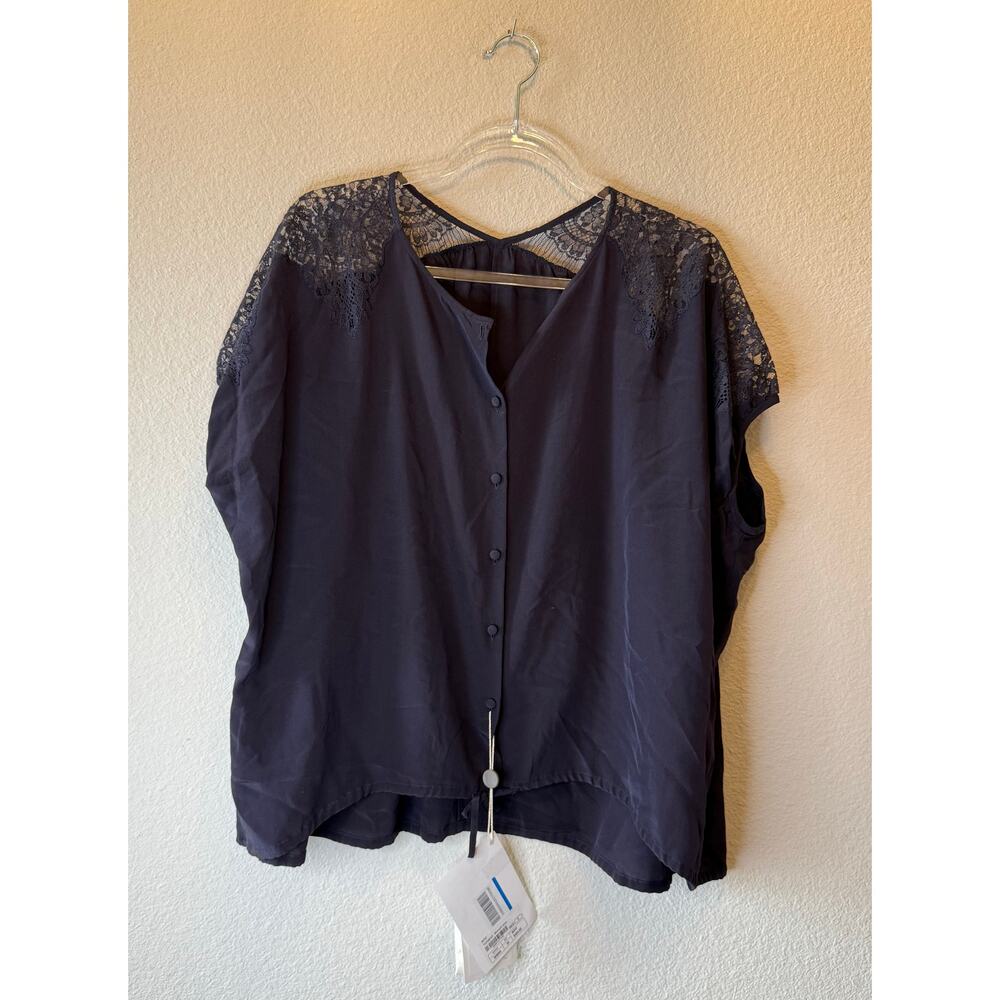 NWT Rito Contrast Lace Oversized Button-Up Blouse Midnight Blue Women's Size M
